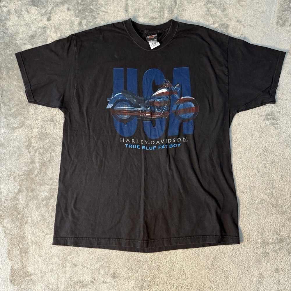 Vintage Harley Davidson T Shirt Mens XL Black Ithaca NY True Blue Fat Boy 2001